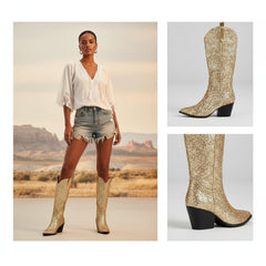 Tuhoomall Western Block Heel Ankle Boots with Glitter Detail, 2.50 in Heel Height, Stylish for Parties and Performances, Faux Leather Lining