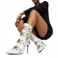 Tuhoomall Fashion Stiletto Mid Calf Boots With Pointed Toe And Zipper Closure, Multi-Strap Design Featuring Buckle And Hardware Accessories For Party And Street Wear