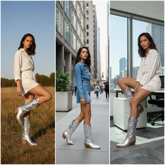 Tuhoomall Comfortable Western Boots for Women – 6cm Low Chunky Heel, Slip-On Design with Floral Embroidery - Fashionable All-Season Style