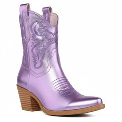 Tuhoomall Comfortable Western Ankle Boots for Fashion, Travel, and Leisure - Embroidered Genuine Leather, 5.5cm Chunky Heel, Slip-On Design