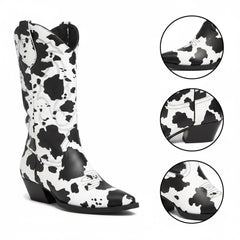 Tuhoomall Cow Pattern Western Boots for Women, Round Toe, Chunky 1.57in Heel, Casual Slip-On Mid-Calf Design, Stylish All-Season Footwear