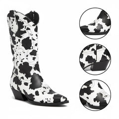 Tuhoomall Cow Pattern Western Boots for Women, Round Toe, Chunky 1.57in Heel, Casual Slip-On Mid-Calf Design, Stylish All-Season Footwear Tuhoomall