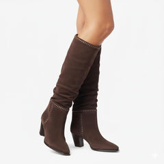 Tuhoomall Knee-High Ruffle Fashion Boots for Women, Chunky Heel, Slip-On, Stylish All-Season Wear