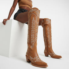 Tuhoomall Western Knee High Boots for Women, Floral Embroidery, Rubber Sole, Adjustable Buckle, Chunky Heel, All-Season Casual Wear