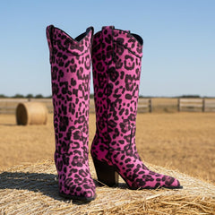 Tuhoomall Western Cowgirl Mid Calf Boots, Animal Print, Chunky Heel, Comfortable Slip-On, Perfect for Dance and Parties Tuhoomall
