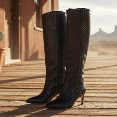 Tuhoomall Fashionable Knee-High Boots for Women, Comfortable Pointed Toe, Metallic Studs, Perfect for Travel, Work, and Parties