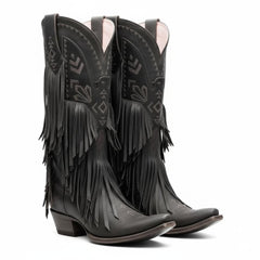 Tuhoomall Western Cowgirl Mid Calf Boots - Snip-Toe, Chunky Heel, Embroidered Fringe Design for Outdoor Style