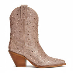 Tuhoomall Rhinestone Embellished Ankle Boots for Women, Chunky Heel 6.5 cm, Slip-On Pointed Toe Short Booties for Parties and Weddings