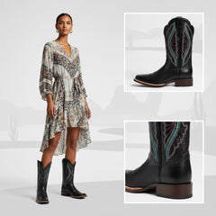 Tuhoomall Western Mid Calf Boots For Women, Chunky Heel, Square Toe, Embroidered Design, Slip-On, Fashion Casual, All Season, Rubber Sole