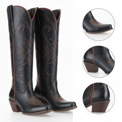 Tuhoomall Western Style Knee-High Boots, Embroidered Vegan Leather, 5.5cm Chunky Heel, Fashion Casual for All Seasons