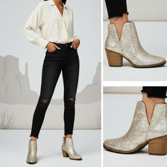 Tuhoomall Glitter Ankle Boots for Women, 3-Inch Chunky Heel, Shiny Pointed Toe, Perfect for Parties and Fashion Events