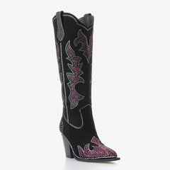 Tuhoomall Western Style High Heel Knee-High Boots with Floral Design and Rhinestones, Stylish Slip-On for Parties and Performances, 9cm Rubber Sole Tuhoomall