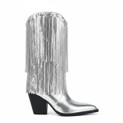 Tuhoomall Chunky Heel Ankle Boots for Women, Pointed Toe, Sequined Fringes, Stylish & Comfortable for Parties and Performances Tuhoomall