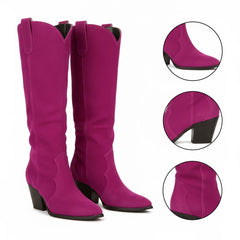 Tuhoomall Western Cowgirl Boots, Mid Calf Chunky Heels, Retro Classic Casual Style, Pointed Toe Slip-On, Solid Faux Suede, All Season Comfort Tuhoomall