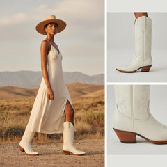 Tuhoomall Western Mid Calf Boots with Embroidered Leaf Design, Chunky Heel 2.00 in, Casual Stylish Footwear for All Seasons