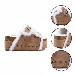 Tuhoomall Blue Faux Suede Fur-Lined Studs Double Buckle Strap Round Platform Cork Sandals Slippers