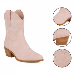 Tuhoomall Western Ankle Boots with Embroidered Pattern, 5cm Chunky Heel, Slip-On Design for Fashion and Travel, Durable Synthetic Fabric Lining