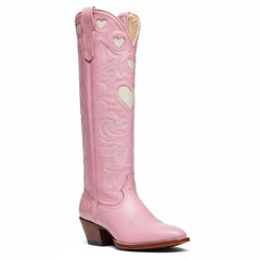 Tuhoomall Western Knee High Boots With Rubber Sole, 5cm Chunky Heel, Embroidered Sweet Pink Hearts For Casual Fashion All Year Round