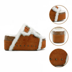 Tuhoomall Blue Faux Suede Fur-Lined Studs Double Buckle Strap Round Platform Cork Sandals Slippers Tuhoomall