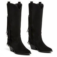Tuhoomall Western Style Mid-Calf Boots with Tassels, Casual Fashion Footwear, Chunky Heel, Faux Suede, Zipper Closure, All-Season Design