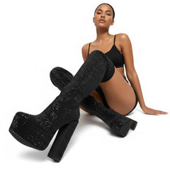 Tuhoomall Thigh High Satin Platform Boots with Chunky Heel and Rhinestone Embellishments for Parties and Special Occasions