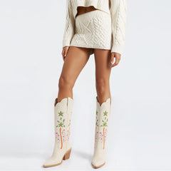 Tuhoomall Desert Style Floral Embroidered Knee-High Boots, Chunky Heel for Vintage Casual Looks and Theme Parties