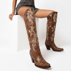 Tuhoomall Western Over-the-Knee Boots for Women, Chunky Heel, Snip-Toe, Embroidered, Slip-On, Distressed Style for Parties and Casual Outings