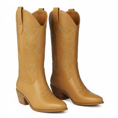 Tuhoomall Western Chunky Heel Women's Cowboy Boots, Comfortable Slip-On, Retro Embroidered Design, Non-Slip Sole for Travel and Casual Wear