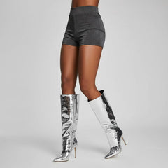 Tuhoomall Shiny Metallic Pointed Toe Mid-Calf Boots for Fashion Forward Performance - Rubber Sole, 3.75 in Heels, Mock-Croc Design, All Season