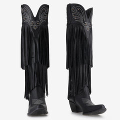 Tuhoomall Western Cowboy Boots for Women, Over-the-Knee Fashionable Performance Heels, Comfortable Pointed Toe with Fringe and Studs, All-Season Style Tuhoomall