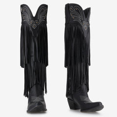 Tuhoomall Western Cowboy Boots for Women, Over-the-Knee Fashionable Performance Heels, Comfortable Pointed Toe with Fringe and Studs, All-Season Style