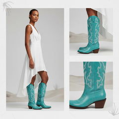 Tuhoomall Western Knee-High Boots for Fashion Casual Style with Embroidered Design and Chunky Heel, Ideal for Ranch and Outdoor Activities