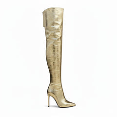 Tuhoomall Stylish Over-the-Knee High Heels with Metallic Shine, Striped Pattern, and Faux Leather Lining for Parties and Fashion Events Tuhoomall