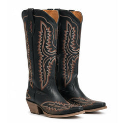 Tuhoomall Stylish Western Mid-Calf Boots for Women - Embroidered Vegan Leather, 2.76in Low Chunky Heel, Perfect for Year-Round Casual Wear