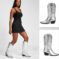 Tuhoomall Silver Metallic Knee High Western Boots for Women with Block Heel, Stylish Embroidered Full-Grain Leather, Easy Pull-On, Perfect for Casual Fashion