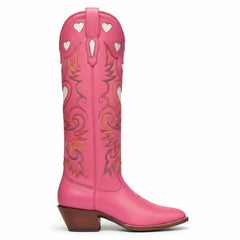 Tuhoomall Western Knee High Boots With Rubber Sole, 5cm Chunky Heel, Embroidered Sweet Pink Hearts For Casual Fashion All Year Round