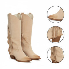 Tuhoomall Western Style Mid-Calf Boots with Tassels, Casual Fashion Footwear, Chunky Heel, Faux Suede, Zipper Closure, All-Season Design