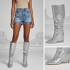 Tuhoomall Slouch Pointed-Toe Mid Calf Boots with Stiletto Heels for Fashion Performances - Sequin Finish, Slip-On Design, 4.33 in Heel Height