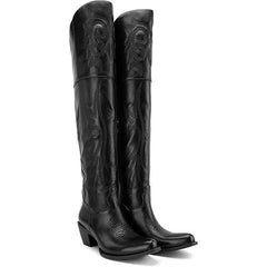Tuhoomall Western Over-the-Knee Boots for Women, Chunky Heel, Snip-Toe, Embroidered, Slip-On, Distressed Style for Parties and Casual Outings