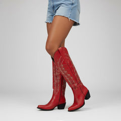 Tuhoomall Western Knee-High Boots with Studs and Rhinestones, Low Chunky Heel 2.25 in, All-Season Fashionable Casual Footwear