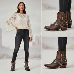 Tuhoomall Western Ankle Booties, Chunky Heel, Snip-Toe, Studded & Embroidered, All-Season Wear for Parties and Performances