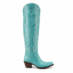 Tuhoomall Western Knee-High Boots with Elegant Embroidery, Stylish Mid Heel for Casual and Office Wear, Durable Faux Suede Leather, All-Season Fashion