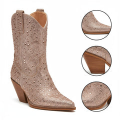 Tuhoomall Rhinestone Embellished Ankle Boots for Women, Chunky Heel 6.5 cm, Slip-On Pointed Toe Short Booties for Parties and Weddings