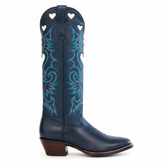 Tuhoomall Western Knee High Boots With Rubber Sole, 5cm Chunky Heel, Embroidered Sweet Pink Hearts For Casual Fashion All Year Round