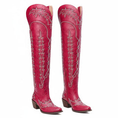 Tuhoomall Western Knee High Boots for Women, Floral Embroidery, Rubber Sole, Adjustable Buckle, Chunky Heel, All-Season Casual Wear