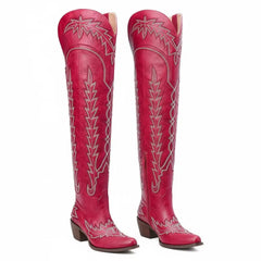 Tuhoomall Western Knee High Boots for Women, Floral Embroidery, Rubber Sole, Adjustable Buckle, Chunky Heel, All-Season Casual Wear Tuhoomall