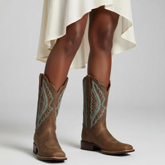 Tuhoomall Western Mid Calf Boots For Women, Chunky Heel, Square Toe, Embroidered Design, Slip-On, Fashion Casual, All Season, Rubber Sole