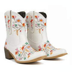 Tuhoomall Stylish Western Ankle Boots with Floral Embroidery, Rubber Sole, Chunky 5cm Heel for Classic and Casual Looks