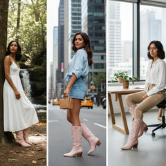 Tuhoomall Western Knee High Boots With Rubber Sole, 5cm Chunky Heel, Embroidered Sweet Pink Hearts For Casual Fashion All Year Round