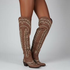 Tuhoomall Western Cowgirl Knee-High Boots with Embroidery & Studs, Chunky Heel, Zipper Closure, Casual Style, Snip Toe Design, Pre-Sale